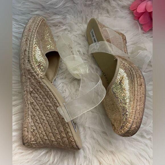 Steve Madden Boca Gold Glitter Espadrille Wedge Ankle Tie Sandals 9 - Picture 3 of 6